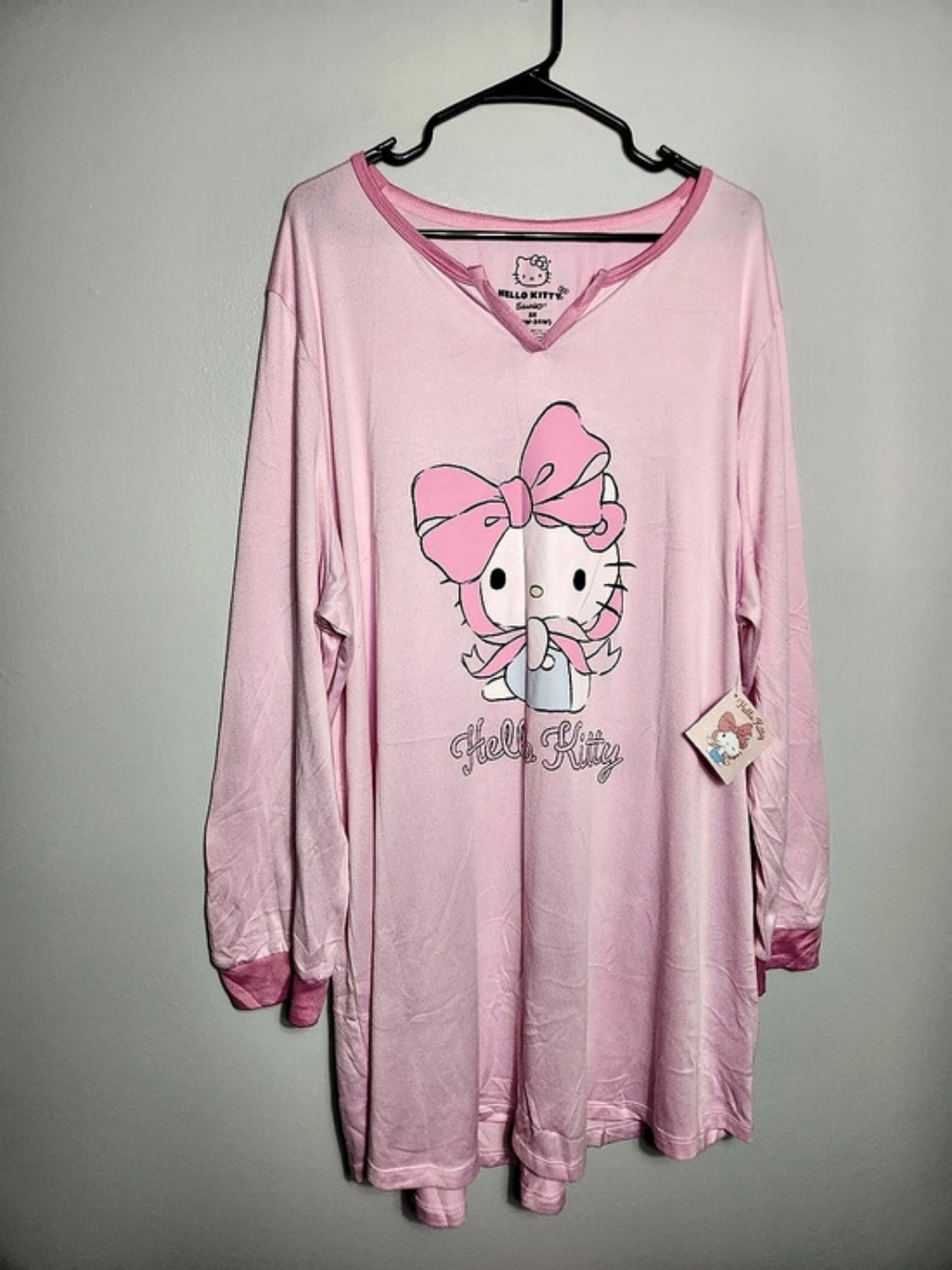 NWT Sanrio Hello Kitty Pink V-Neck Long Sleeve Waffle Knit Nightgown Size 3X